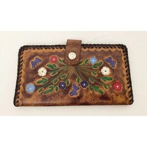 Vintage Tooled Leather Multicolored Floral Wallet Clutch Amber Brown Stitch Edge